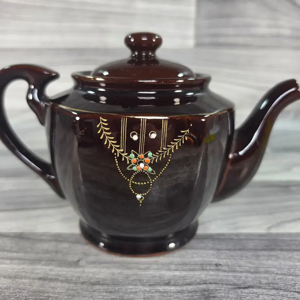 Vintage Japanese Dark Brown Teapot Hand Painted Raised Moriage Floral Gold Japan